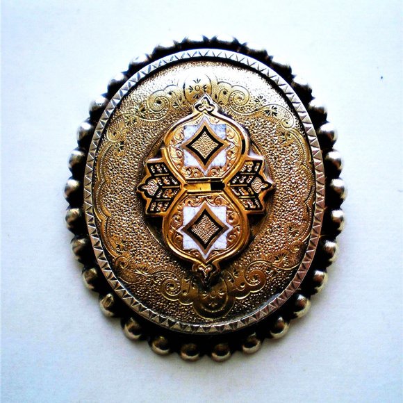 HUGE Antique Victorian 18K Gold Sterling Silver Cloisonne Enamel Brooch Pin 11 g